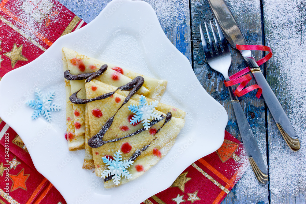 Fototapeta premium Pancake Christmas tree funny breakfast or dessert