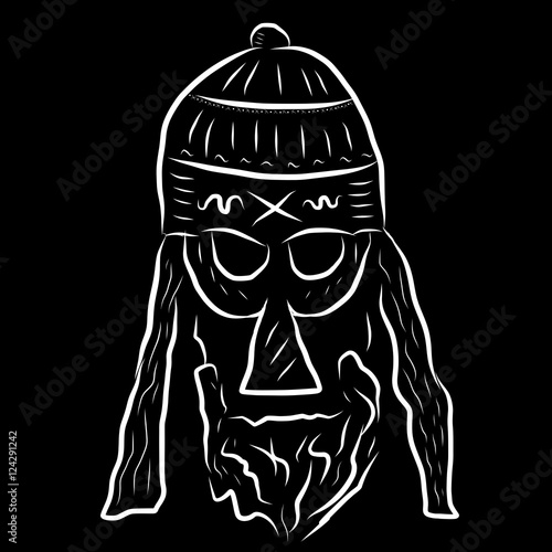 A woodcut style image of viking man