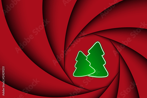 Red christmas background with two christmas tree, the appearance of the camera shutter
