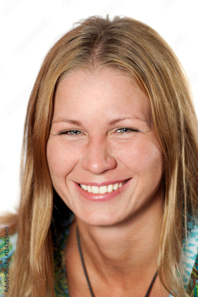 Happy attractive young woman headshot looking at camera isolated Happy attractive young woman headshot looking at camera isolated