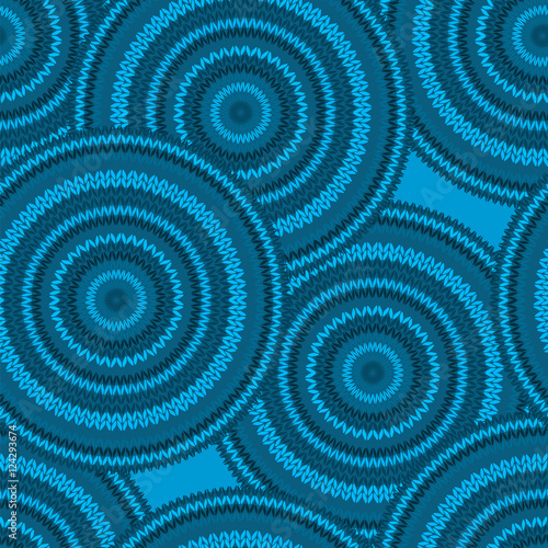 Blue Seamless Ethnic Geometric Knitted Pattern. Style Circle Bac