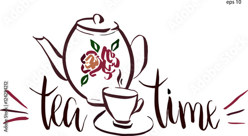 Tea time lettering in vector. Cup with swirl design elements and retro teapot with flower. Hand-drawn artistic illustration for design.