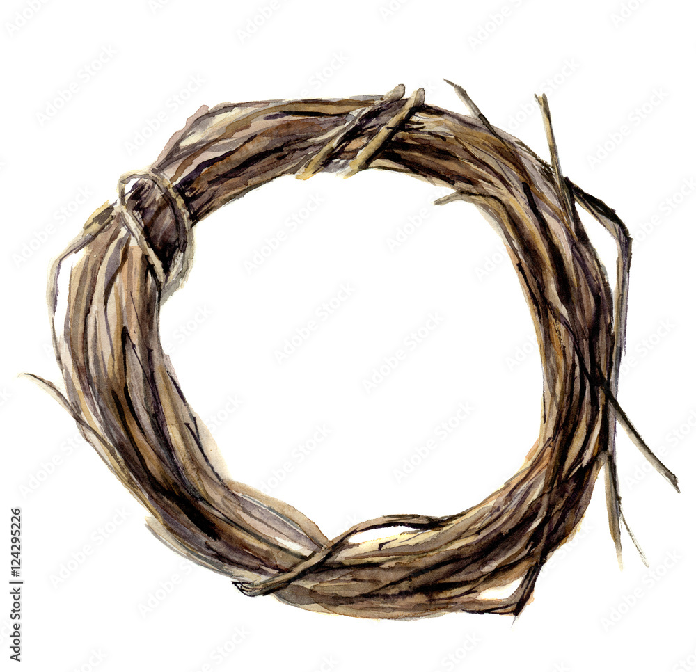 Watercolor hand painted wreath of twig. Wood wreath for design and background Watercolor hand painted wreath of twig. Wood wreath for design and background