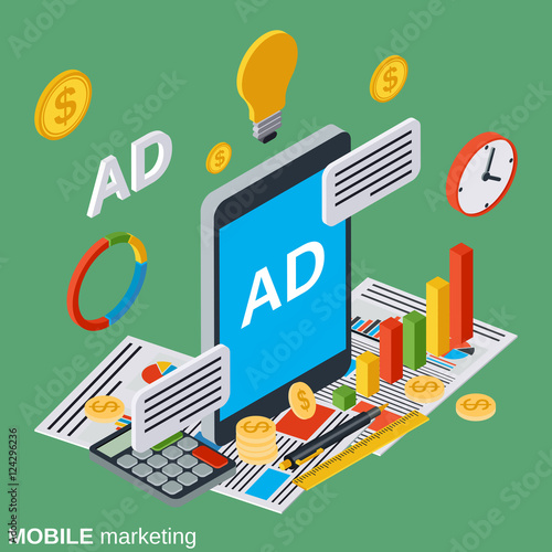 Mobile marketing, digital advertising flat isometric vector concept