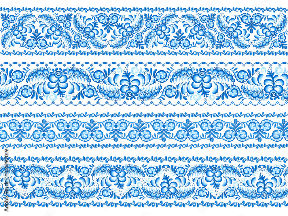 Blue vector seamless borders set in Russian gzhel style