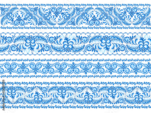 Blue vector seamless borders set in Russian gzhel style photo