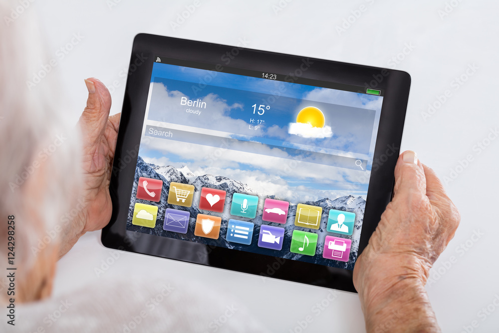 Senior Woman Holding Digital Tablet Showing App Senior Woman Holding Digital Tablet Showing App