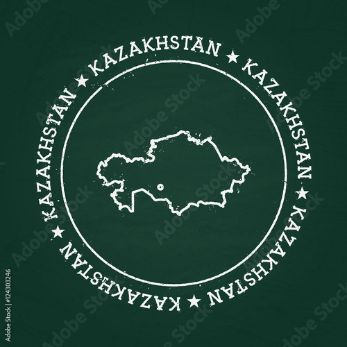 White chalk texture rubber seal with Republic of Kazakhstan map on a green blackboard. Grunge rubber seal with country outlines, vector illustration.