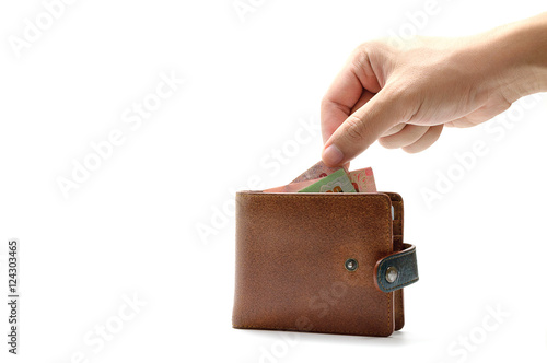 Hand Taking Thai Banknote From Leather Wallet On White Isolated Background