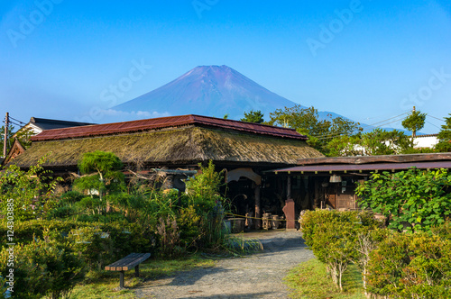 Oshino Hakkai farmhouses with Mt. Fuji on the background photo