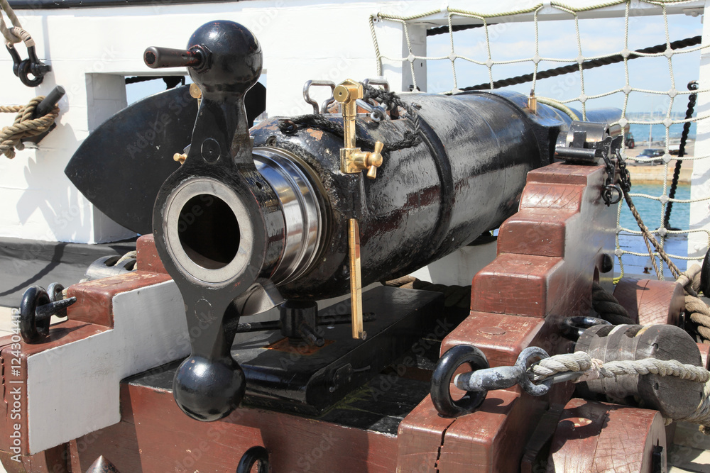 Historic cannon on Portsmouth warship, UK Historic cannon on Portsmouth warship, UK