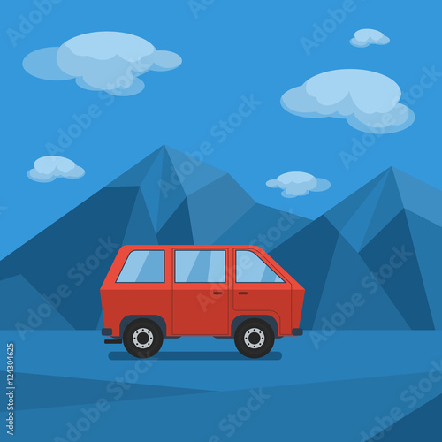 Red Car on Low Poly Mountain Road | Editable scenic vector illustration for tourism or travel related design