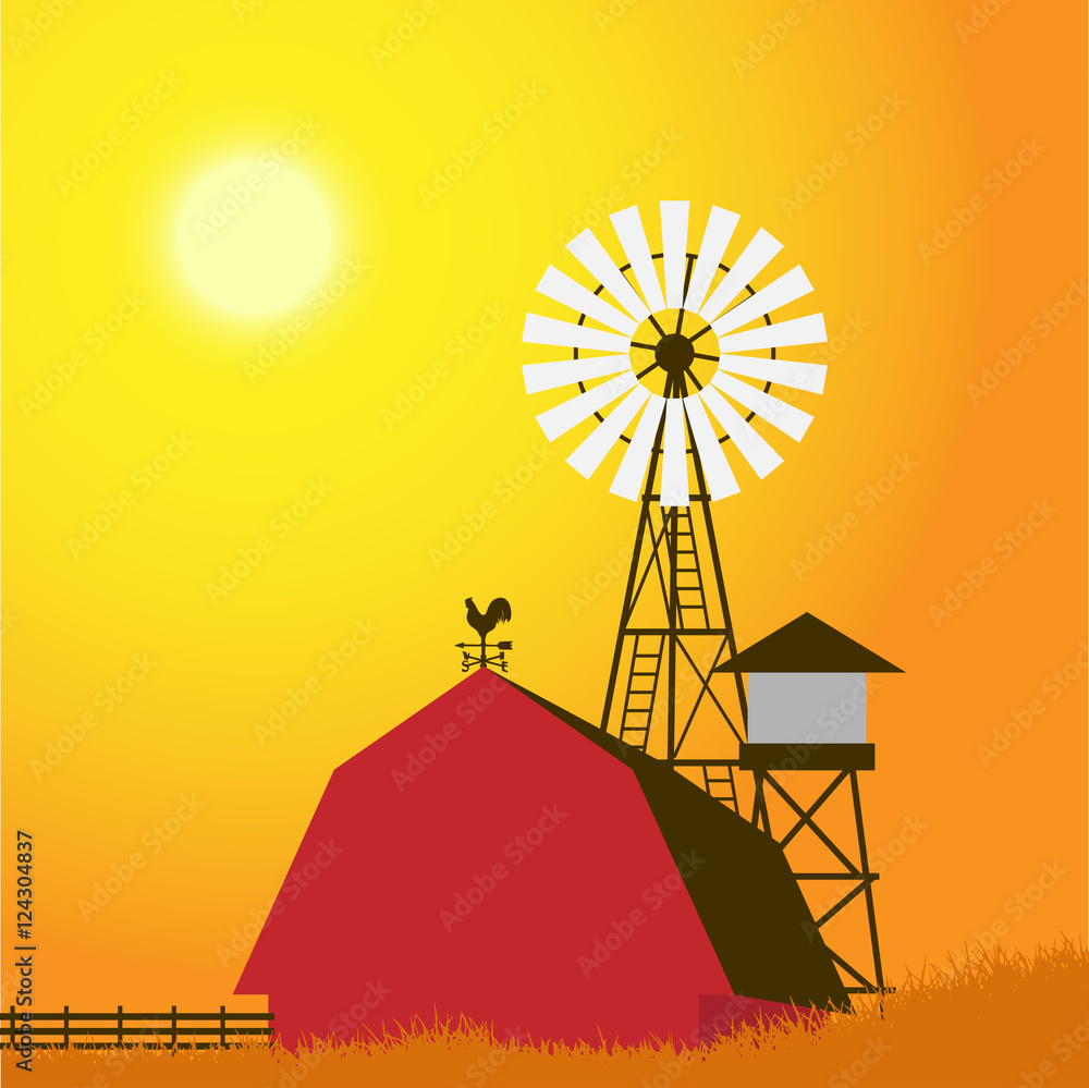 Farm windmill, barn, fence, house, field.