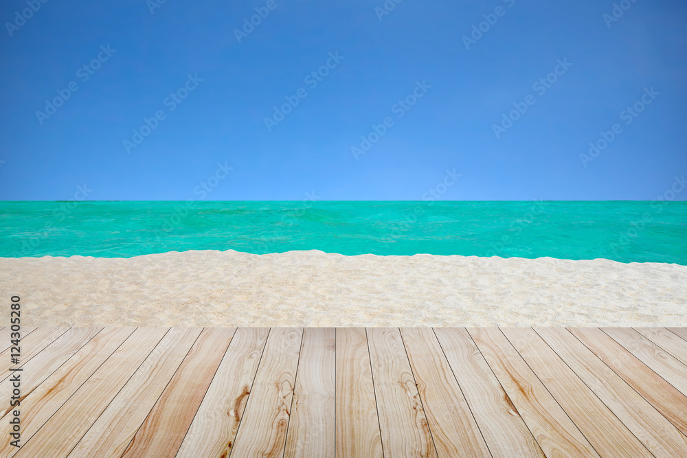 Fototapeta premium Wood table top on the beach background
