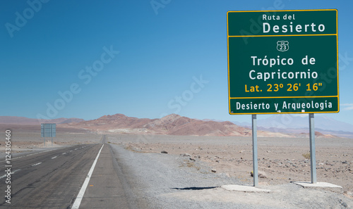 Highway sign marking the Tropic of Capricorn in the Atacama Desert in northern Chile