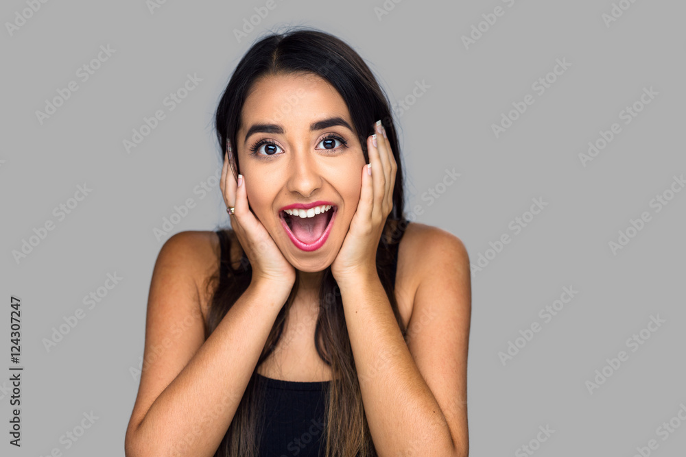 Woman surprised with joy happiness ecstatic in disbelief emotional expression thrilled Woman surprised with joy happiness ecstatic in disbelief emotional expression thrilled