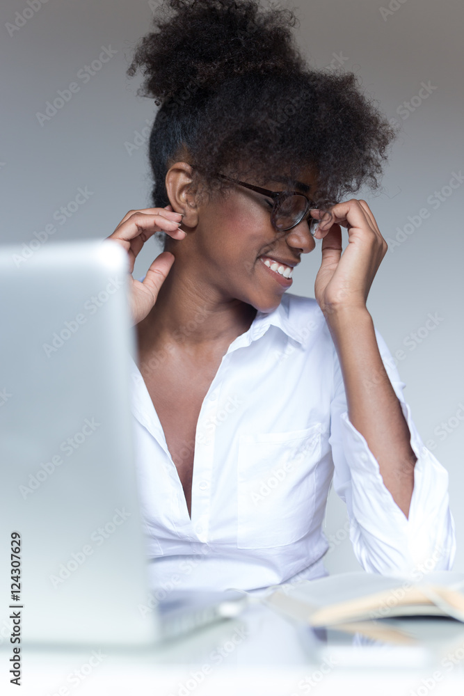 portrait of afro american working from home. Woman freelancing f portrait of afro american working from home. Woman freelancing f