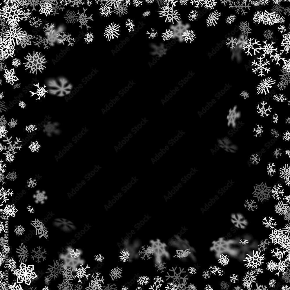 Snowfall background with snowflakes blurred in the dark