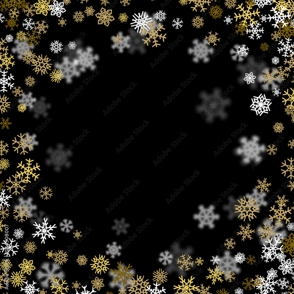 Snowfall background with golden snowflakes blurred in the dark Snowfall background with golden snowflakes blurred in the dark