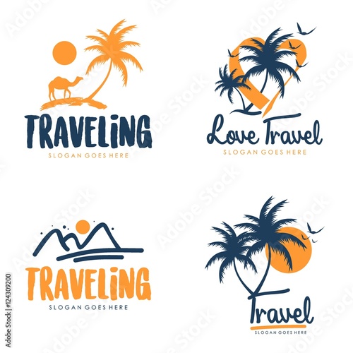 Travel and tour agency vector logo design. Beach, Sea, City, Temple, MountainHorizon