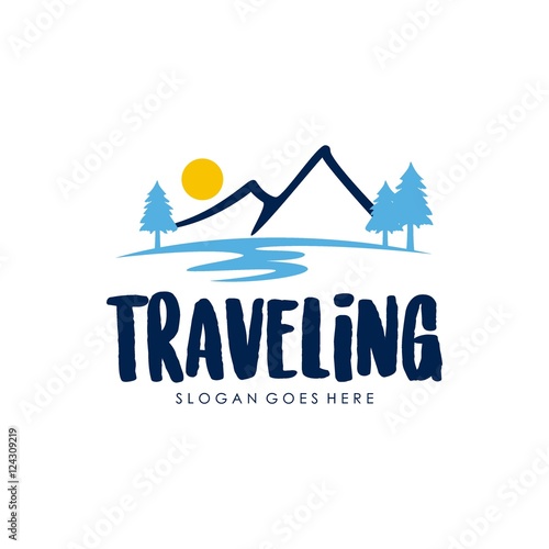 Travel and tour agency vector logo design. Beach, Sea, City, Temple, MountainHorizon