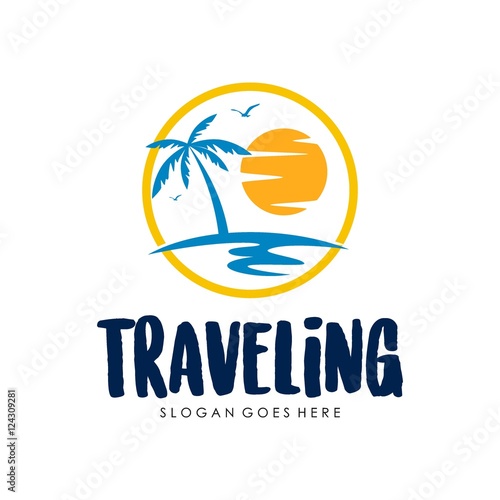 Travel and tour agency vector logo design. Beach, Sea, City, Temple, MountainHorizon