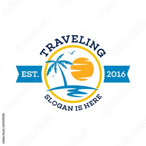 Travel and tour agency vector logo design. Beach, Sea, City, Temple, MountainHorizon