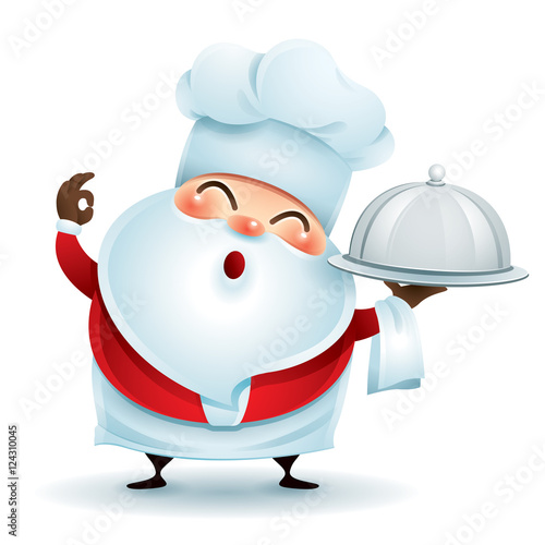Chef Santa Claus showing a perfect gesture with a serving tray