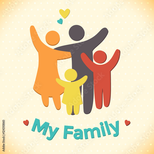 Happy family icon multicolored in simple figures. two children  dad and mom stand together. Vector can be used as logotype