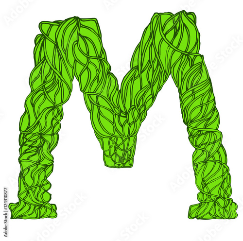 Herbarium font, type. Green herbal vector letters. Letter M.