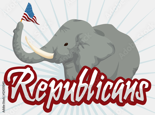 Gray Elephant Holding a Pennant in Cartoon Poster, Vector Illustration