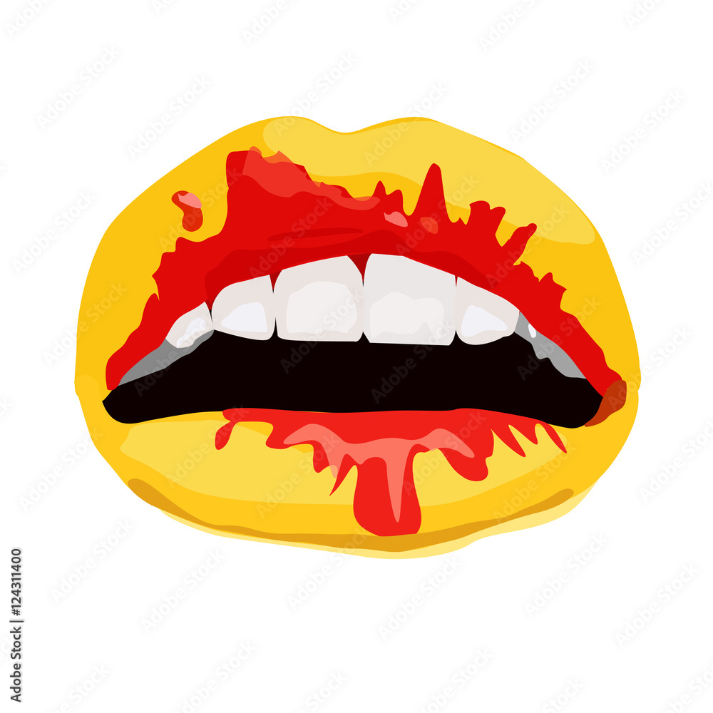 white Background of Womans mouth with open yellow lips. white Background of Womans mouth with open yellow lips.