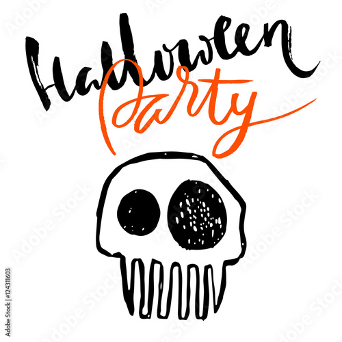 Hand drawn sketch skull. Cartoon skull illustration.Burning skull on black background. Happy halloween party lettering