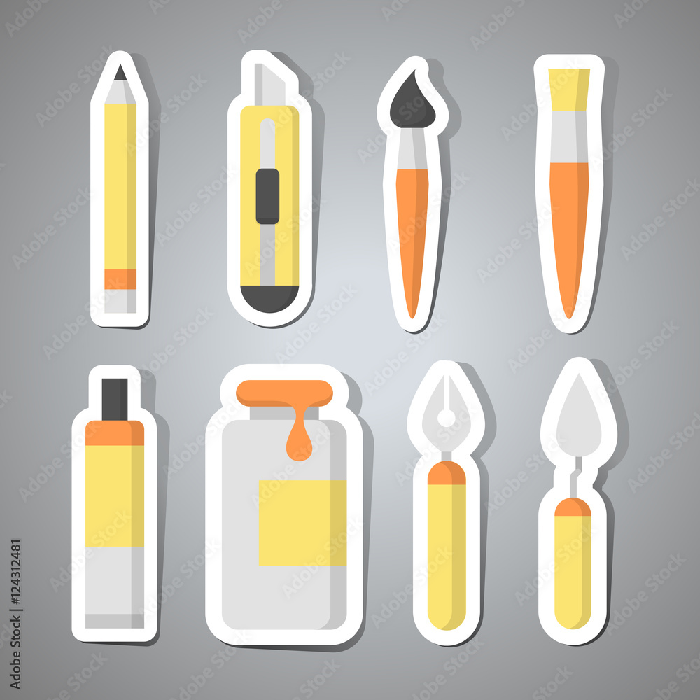 Set of cute colorful stickers with painting tools. Vector illustration Set of cute colorful stickers with painting tools. Vector illustration