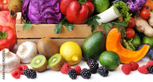 Mix of fresh vegetables  berry and fruit on white background.Concept of healthy eating.