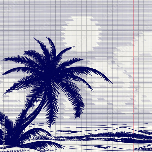 Ball pen palm tree and ocean front sketch on notebook page. Vector illustration