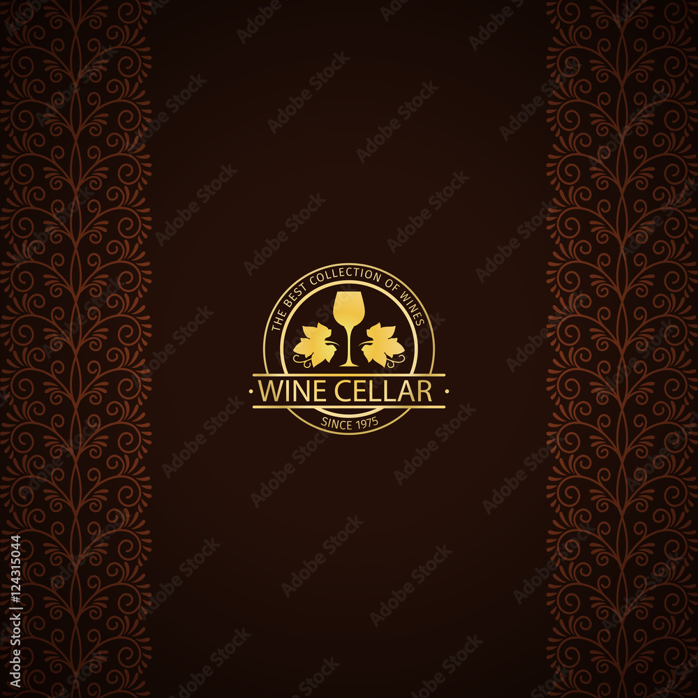 Wine cellar decorative card with golden logo and ornamental vertical borders. Vector illustration