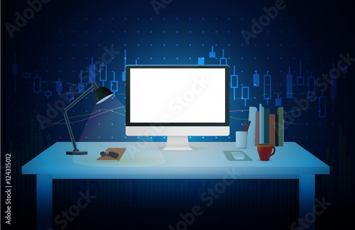 Computer blank screen on work table with blue theme background about stock market concept. Ideal for mock up and other.
