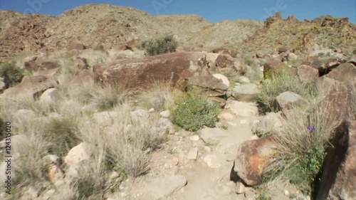 Joshua Tree trails in California, POV walk - a man loses his breath while hiking up a desert trail. photo