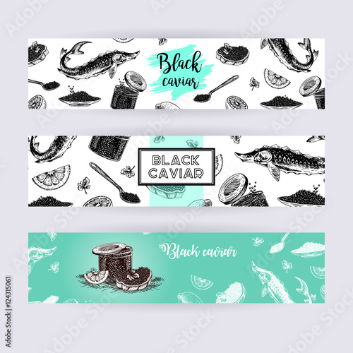 Hand drawn set of banners with black caviar.