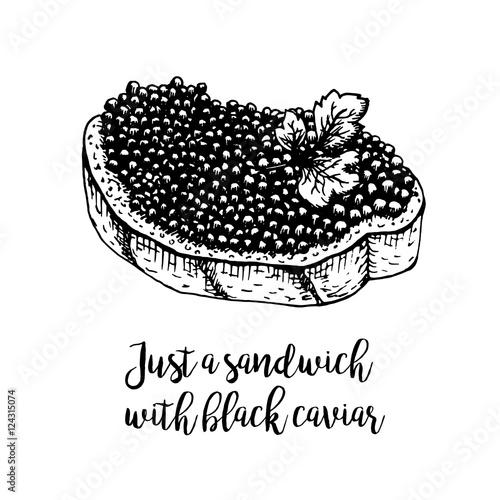 Hand drawn sandwich with black caviar.
