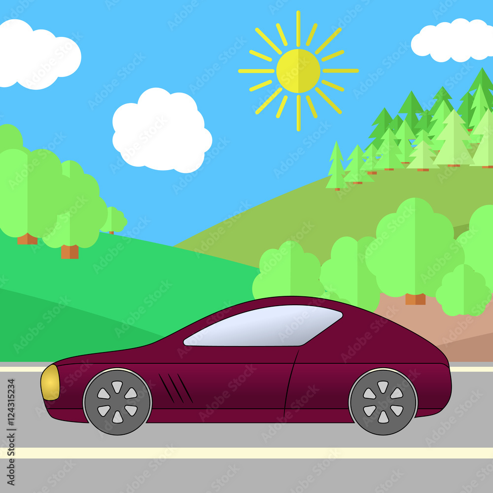 Dark Red Sport Car on a Road on a Sunny Day. Summer Travel Illustration. Car over Landscape.
