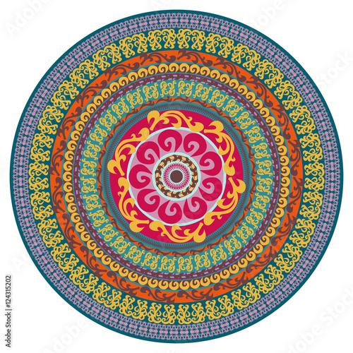 Ornament multicolor card with mandala. Round ornamental vector shape isolated on white. Vector illustration.  