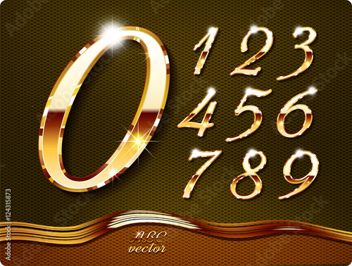 Golden stylish digits, with shadow and reflections. Set. Zero 0 One 1 Two 2 Three 3 Four 4 Five 5 Six 6 Seven 7 eight 8 nine 9. 