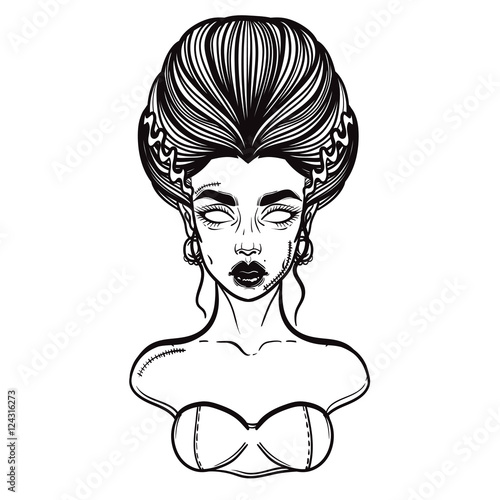 The bride of Frankenstein Girl Line Art. Hand drawn vector illustration. Girl in Halloween costumes