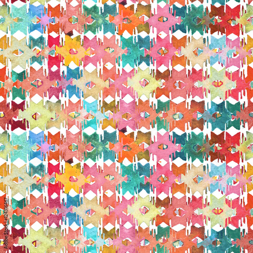 Watercolor ikat kilim ethnic seamless pattern. Geometric ornament in watercolour style. photo