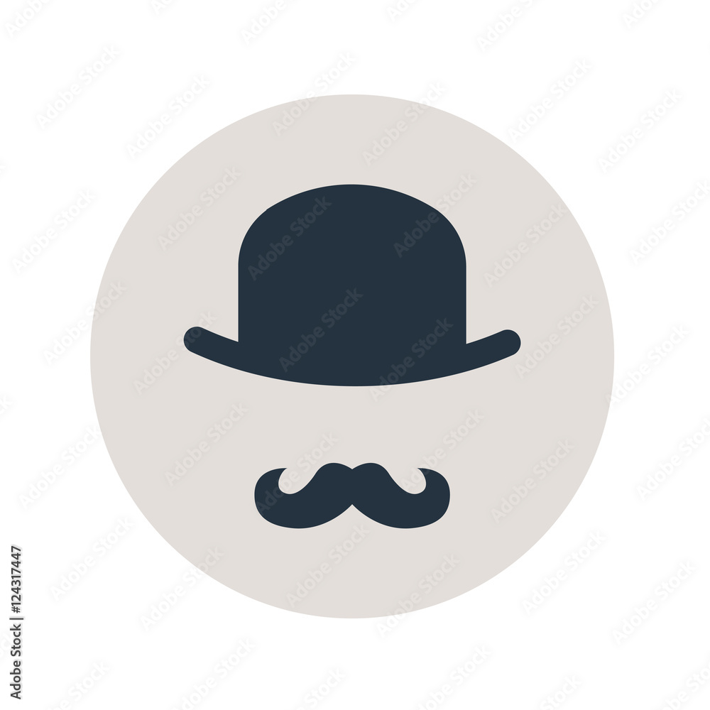 Icono plano bombin con bigote en circulo gris Icono plano bombin con bigote en circulo gris