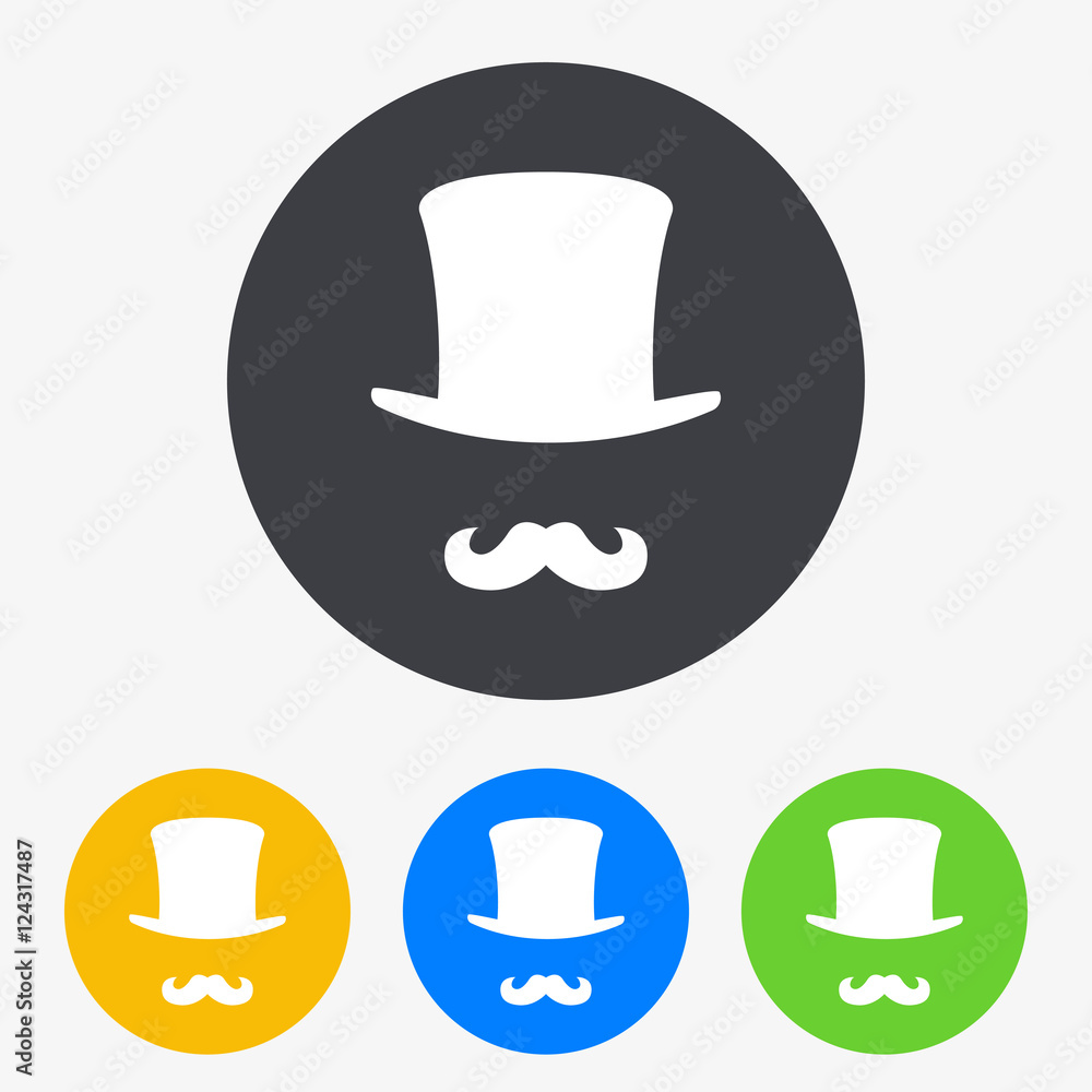 Icono plano chistera con bigote en circulo varios colores Icono plano chistera con bigote en circulo varios colores