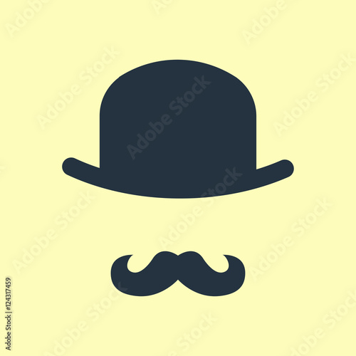 Icono plano bombin con bigote sobre fondo amarillo