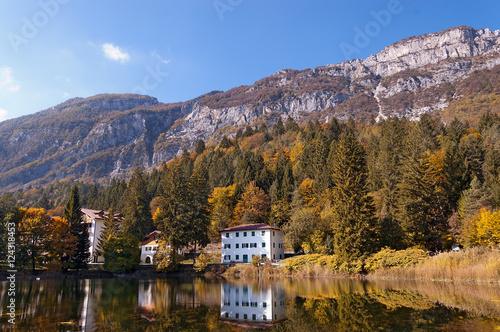 Lago di Cei (Cei Lake), alpine lake in Italian Alps in autumn. Trentino, Italy 